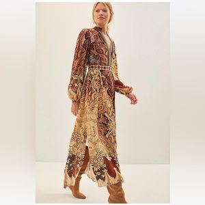 Anthropologie Paisley Maxi Dress in Brown and Gold
